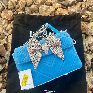 Kurt Geiger Turquoise Velvet Crossbody with Crystal Bow
